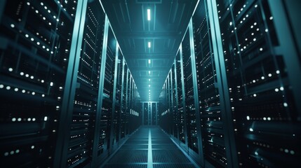 Wall Mural - Data Technology Center Server Racks working in a dark facility. IoT, Big Data, Storage, Cryptocurrency Farm, Cloud Computing. 3D rendering of the crypto mining warehouse.