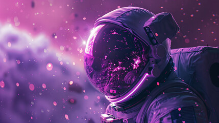 attractive astronaut on a mission, with a glowing purple space background