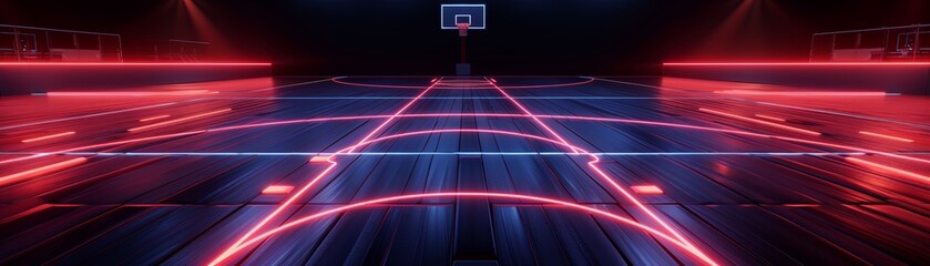Wall Mural - futuristic basketball court, neon lights, red and navy glowing lines, black background, 3d clay rend
