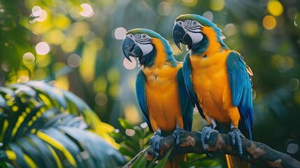 Wall Mural - Vibrant Parrots Perching on Tropical Tree in Lush Foliage