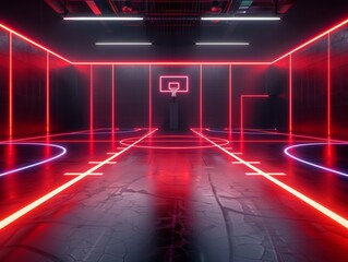 Wall Mural - futuristic basketball court with neon accents, red and navy glowing lines, black background, virtual