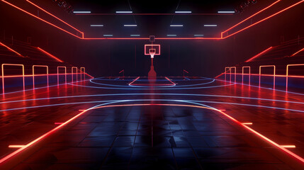 Wall Mural - neon basketball arena with glowing red and navy lines, set against a black background, in a virtual 