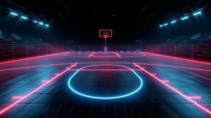 Wall Mural - neon basketball arena with glowing red and navy lines, set against a black background, in a virtual 