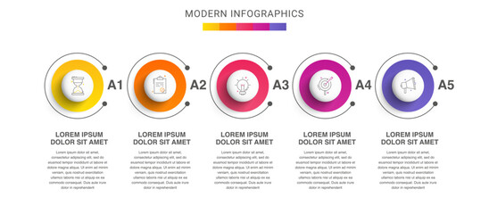 Modern infographics vector template. Cyclic infographic with five circles. Timeline design template with 5 options, steps, and parts. Flat illustration for business.