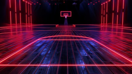 Wall Mural - virtual basketball court, neon lights, glowing red and navy lines on a black background, 3d clay ren