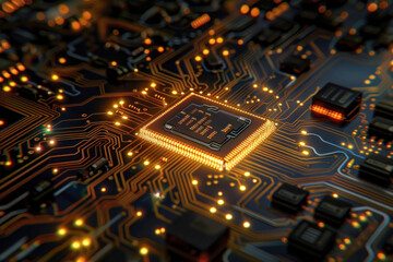 close-up of a computer chip on a circuit board, components illuminated, high detail on microchips an