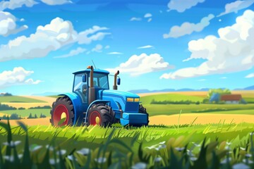 Illustration of a blue tractor working in a field. Agricultural business development concept
