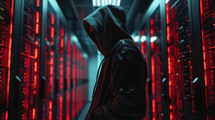 Wall Mural - In this low-angle shot, a masked hacker wears a hoodie as he sneaks through rows of rack servers in a corporate data center.