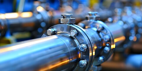 Wall Mural - Closeup of metal pipe with multiple valves and fittings. Concept Closeup Photography, Industrial Equipment, Metal Pipe, Valves and Fittings, Detailed Shot