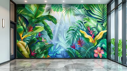 Lush Rainforest Mural: Vibrant Green and Blue Leaves & Flowers Adorning Contemporary White Walls for Natural Beauty and Depth in Home Decor