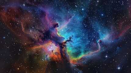 Wall Mural - A captivating nebula cloud filled with a kaleidoscope of colors, set against a glittering star-studded night sky in a distant galaxy.