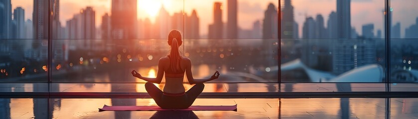 Poster - Rooftop Yoga Session Amidst the Urban Skyline Wellness Lifestyle Concept with Copy Space