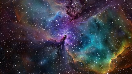 Wall Mural - A captivating nebula cloud filled with a kaleidoscope of colors, set against a glittering star-studded night sky in a distant galaxy.