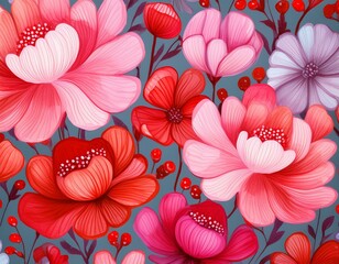 Wall Mural - Colorful acrylic Painted Pink and red flowers pattern, Cute hand drawn colorful artistic flowers print. Modern botanical pattern. Fashionable template for design