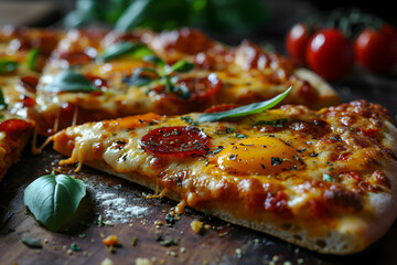 Wall Mural - Pizza with mozzarella. tomatoes and basil on a wooden background