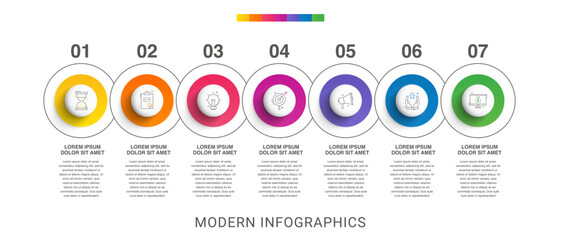 Wall Mural - Modern infographics vector template. Cyclic infographic with seven circles. Timeline design template with 7 options, steps, and parts. Flat illustration for business.