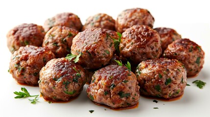 Wall Mural - Succulent Meatballs in Savory Sauce - Closeup Food Photography on White Background