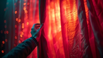 revealing the stage: human hand pulling back vibrant red curtain in concert hall setting