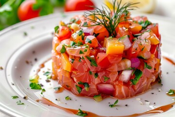 Tuna Tartar, Tatar or Tar-Tar, Chopped Red Fish Fillet, Vegetables and Greens on White Plate