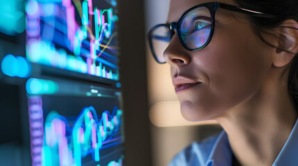 Wall Mural - Female expert in glasses looking at screen with financial data