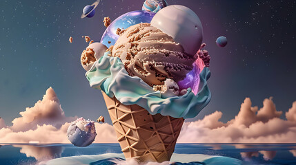 An ice cream planet with an earth inside, floating in the sky