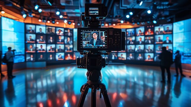 A broadcast studio with 3 seperate LED wall displaying a video conference call with fifty professionals and the main speaker before the LED wall with a camera on a tripod directed. Generative AI.