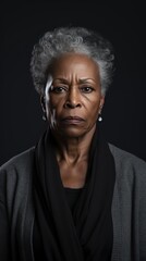 Wall Mural - Gray background sad black american independant powerful Woman realistic person portrait of older mid aged person beautiful bad mood expression Isolated on Background racism skin 