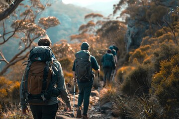 People hiking in mountains, enjoying active rest and breathtaking views