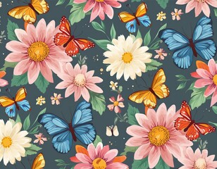 Wall Mural - Seamless Pattern with Blooming Flowers and Flying Butterflies in Watercolor Style. Beauty in Nature. Background for Fabric, Textile, Print and Invitation.  illustration