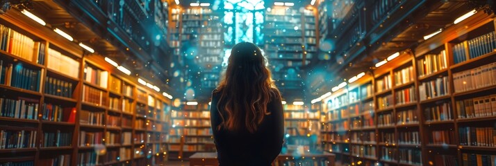 Magical orbs surrounding a woman in a mystical library. Dreamlike bookshelves and illuminated knowledge. Concept of learning, magical academia, intellectual fantasy, and world of books. Wide banner