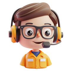 3d render of cute male customer service icon with headphones and yellow shirt