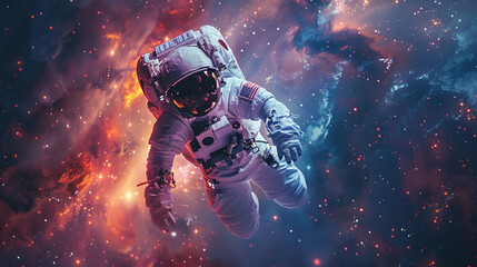 Dreamy astronaut floating in space, with a glowing helmet and purple stars