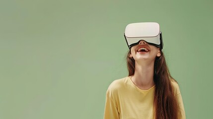 Wall Mural - A woman with a joyful expression wearing a yellow shirt and white virtual reality glasses against a pastel green background. Generative AI