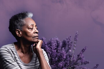 Wall Mural - Lavender background sad black american independant powerful Woman realistic person portrait of older mid aged person beautiful bad mood expression 