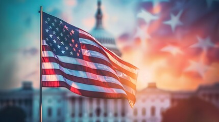 USA flag with government building background