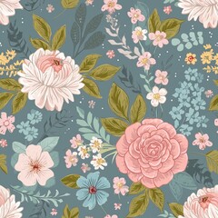 Wall Mural - Flower and plant. Floral classic seamless print in shabby chic style. Flowers  illustration peony, rose, aster, leaves and plants for background, pattern and wallpaper