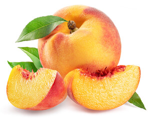 Wall Mural - Ripe peach with leaf and peach slices isolated on white background.