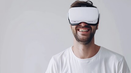 Fototapete - A man joyfully wears white virtual glasses against a clean white backdrop. Generative AI