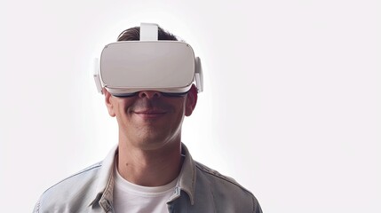 Fototapete - A man joyfully donning virtual reality glasses in a blank white space. Generative AI