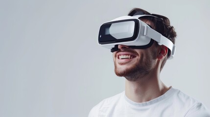 Fototapete - A man in a white t-shirt excitedly wears virtual glasses in a striking portrait that captures his optimism and curiosity. Generative AI