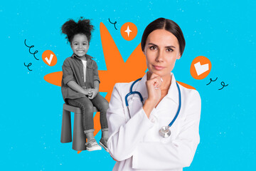 Canvas Print - Composite photo collage of serious doctor girl consultation small american kid coronavirus prevention isolated on painted background