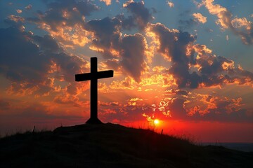 Poster - Sunset behind cross hill sky background