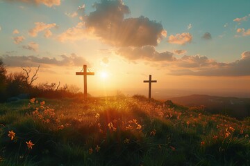 two crosses on a hill with a sunset in the background