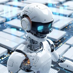 Wall Mural - Robot working at computer. Futuristic worker. Humanoid call center. Support job and technologies. Futuristic robot with artificial intelligence or AI. High quality AI generated image