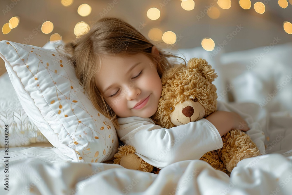Little girl sleeping with a teddy bear on a bed Stock Illustration ...