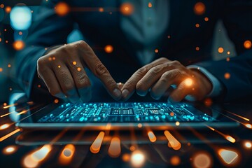 Person typing on laptop with glowing lights