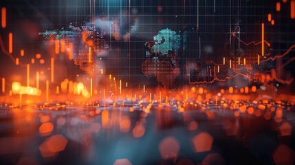 Aufkleber - A stock market graph with a world map in a blurred background, using an orange and blue color theme, depicting digital financial charts in the style of business data visualization. Generative AI.
