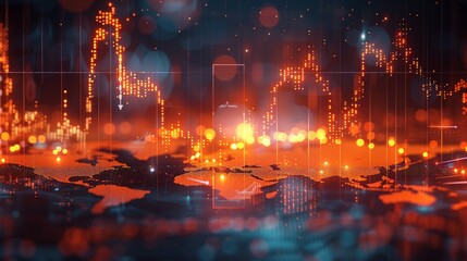 Aufkleber - A stock market graph with a world map in a blurred background, using an orange and blue color theme, depicting digital financial charts in the style of business data visualization. Generative AI.