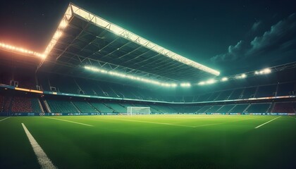 Sticker - soccer stadium with illumination, green grass and night sky.