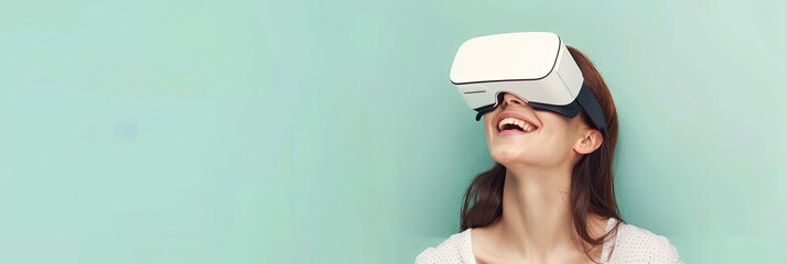 Fototapete - Smiling woman in white VR glasses on pastel green background. Generative AI